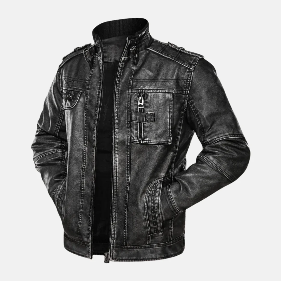 Men's Leather Jacket – Slim Fit – Washed Vintage Look – Ribbed Collar – Multiple Pockets - Image 2