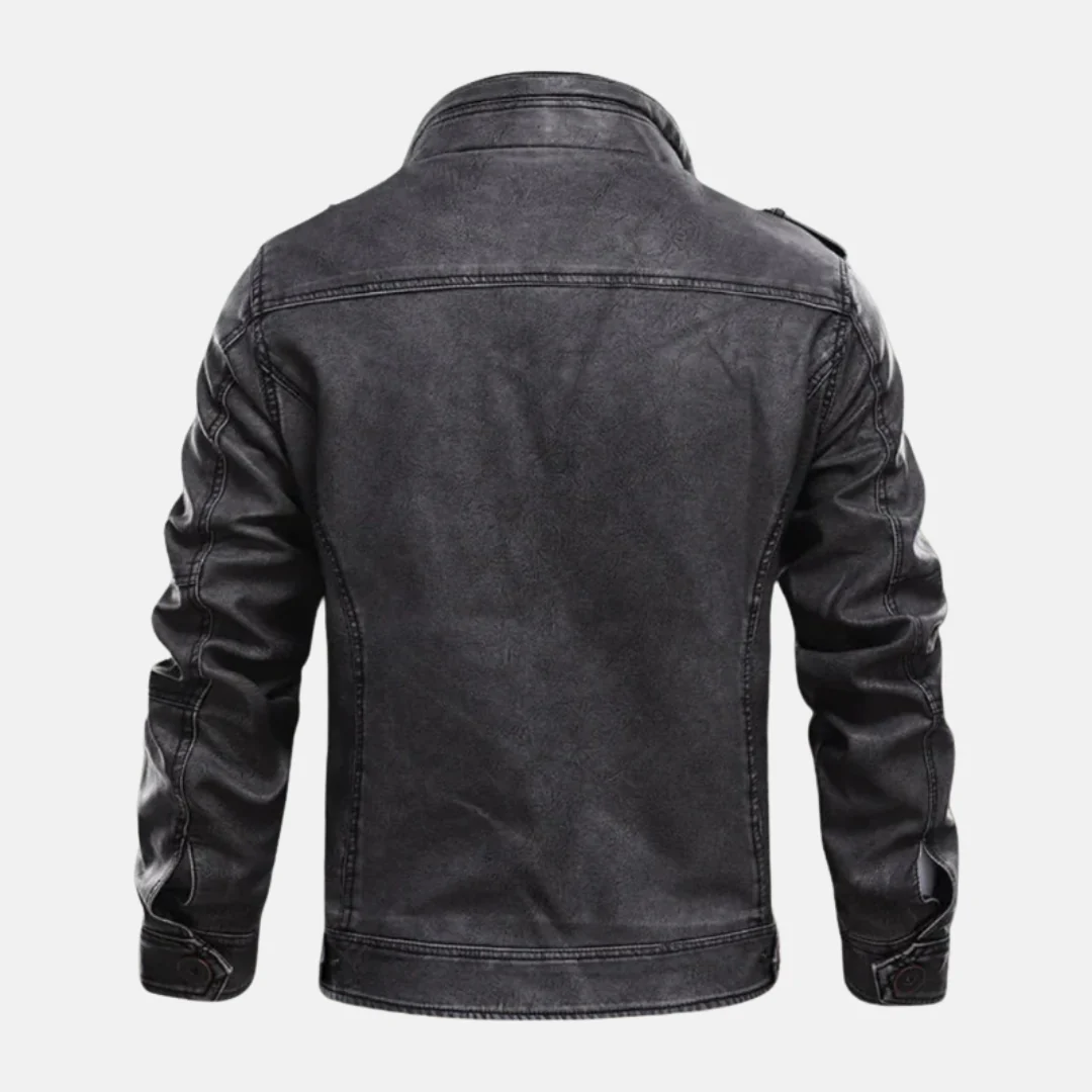 Men's Leather Jacket – Slim Fit – Washed Vintage Look – Ribbed Collar – Multiple Pockets - Image 3