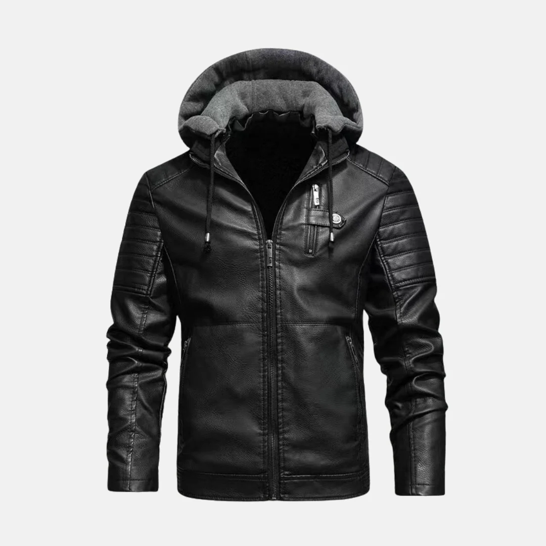 Men's Faux Leather Jacket – Slim Fit – Padded Shoulders – Hood – Zipper Closure - Image 2