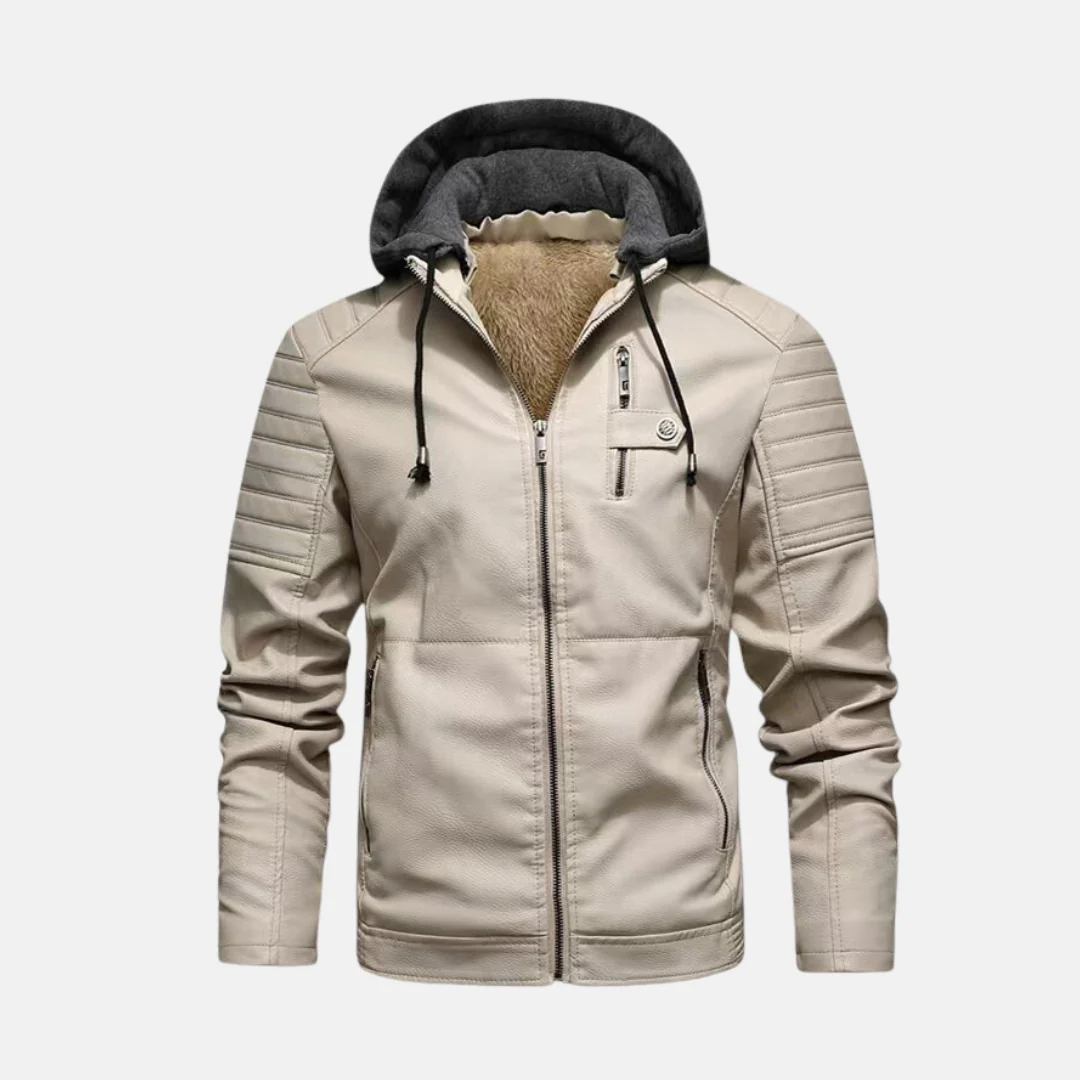 Men's Faux Leather Jacket – Slim Fit – Padded Shoulders – Hood – Zipper Closure - Image 3