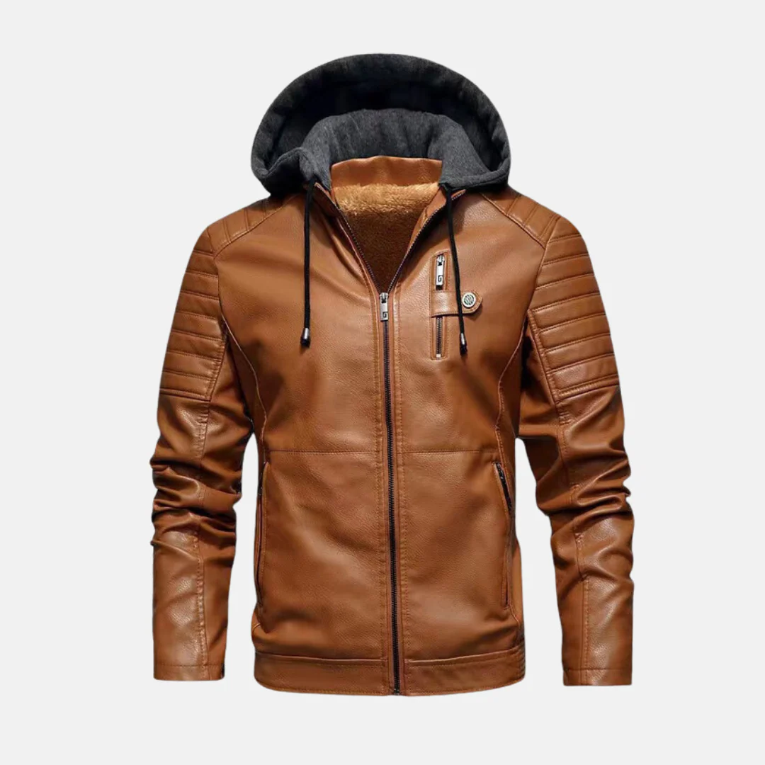 Men's Faux Leather Jacket – Slim Fit – Padded Shoulders – Hood – Zipper Closure - Image 4