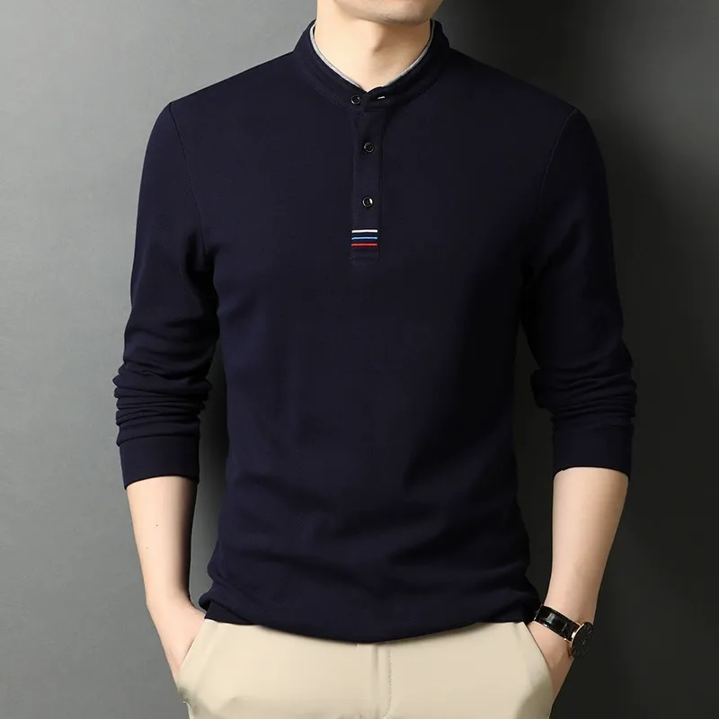 Men's Long Sleeve T-shirt – Regular Fit – Cotton – Stand-up Collar – Button Placket - Image 2