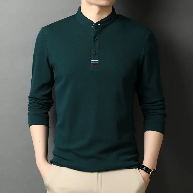 Men's Long Sleeve T-shirt – Regular Fit – Cotton – Stand-up Collar – Button Placket - Image 3
