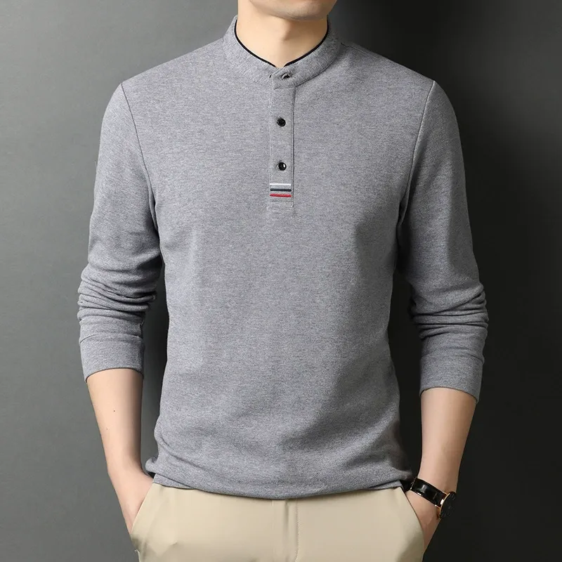 Men's Long Sleeve T-shirt – Regular Fit – Cotton – Stand-up Collar – Button Placket - Image 4