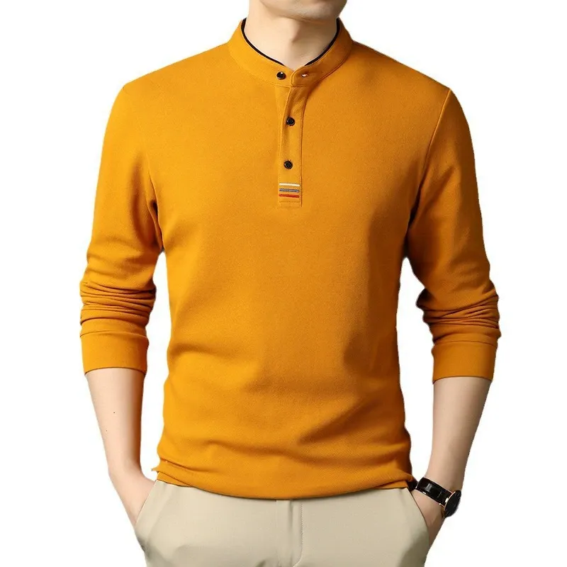 Men's Long Sleeve T-shirt – Regular Fit – Cotton – Stand-up Collar – Button Placket - Image 5