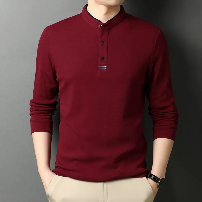Men's Long Sleeve T-shirt – Regular Fit – Cotton – Stand-up Collar – Button Placket - Image 6