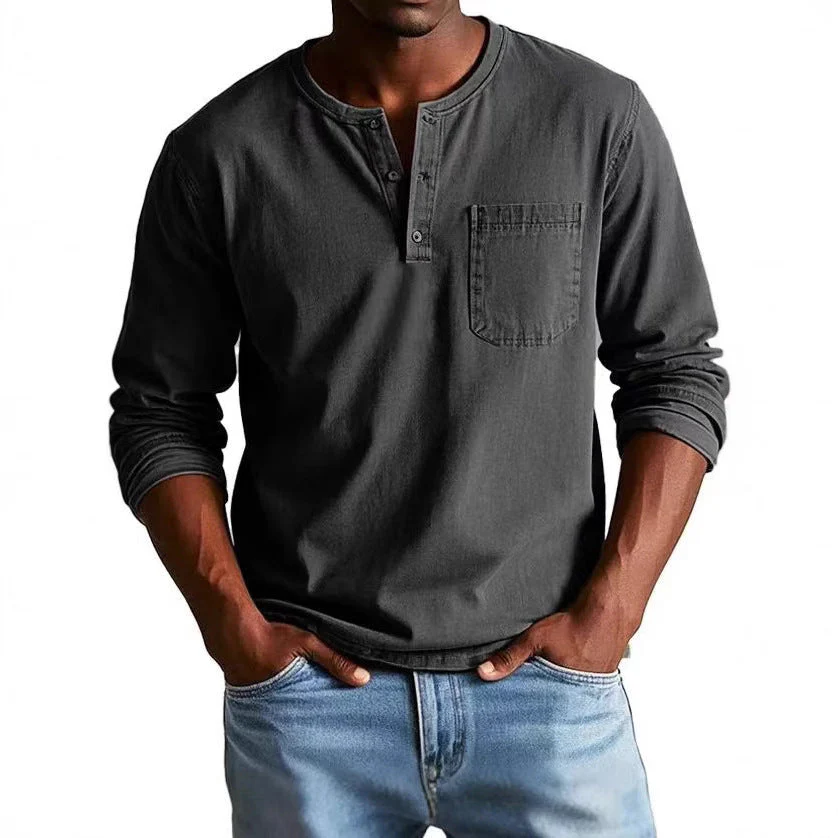 Men's Longsleeve T-shirt – Slim Fit – Breathable Material – Button Closure – Chest Pocket - Image 3