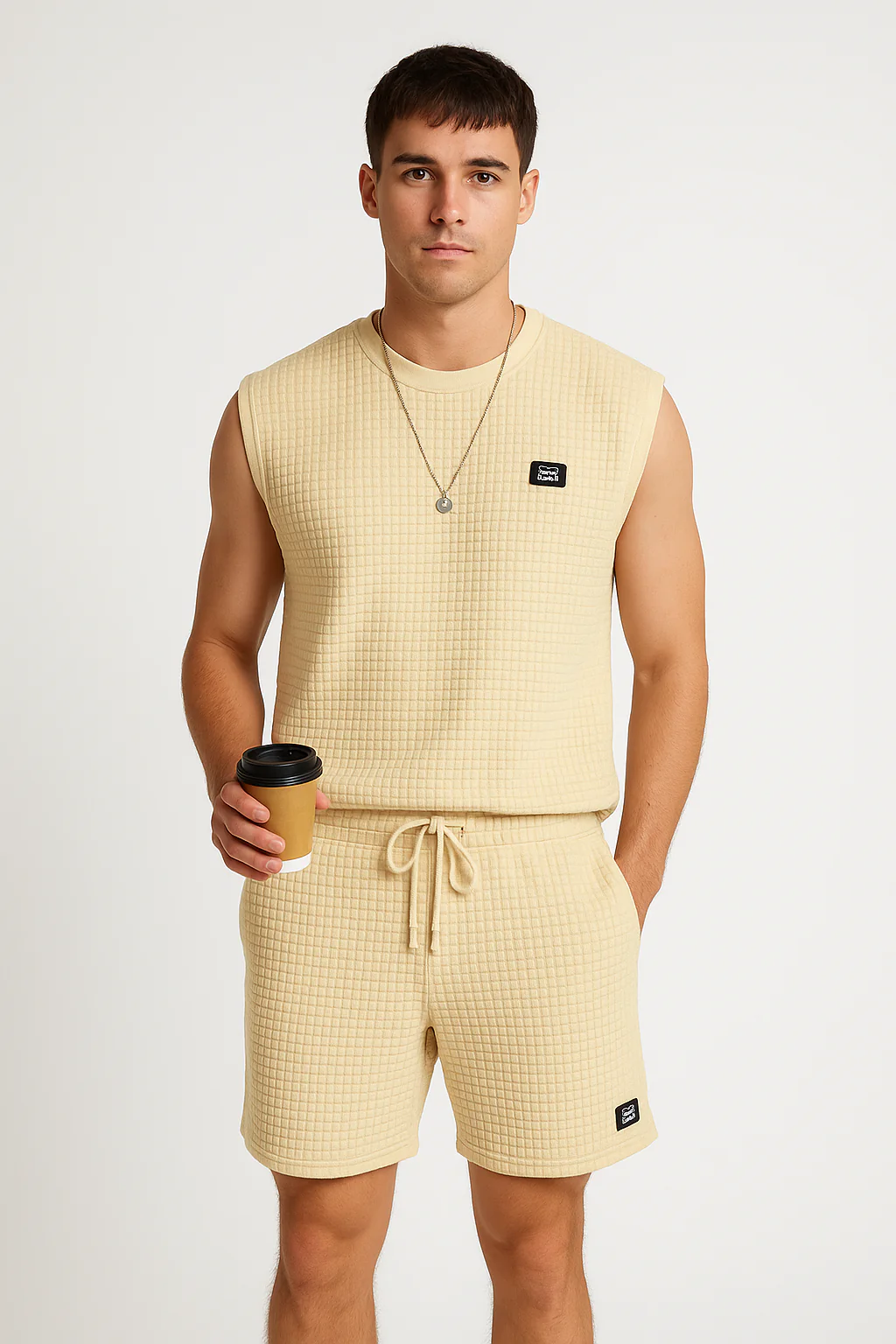 Men's Lounge Set – Sleeveless Top and Shorts – Waffle Texture – Relaxed Fit - Image 2