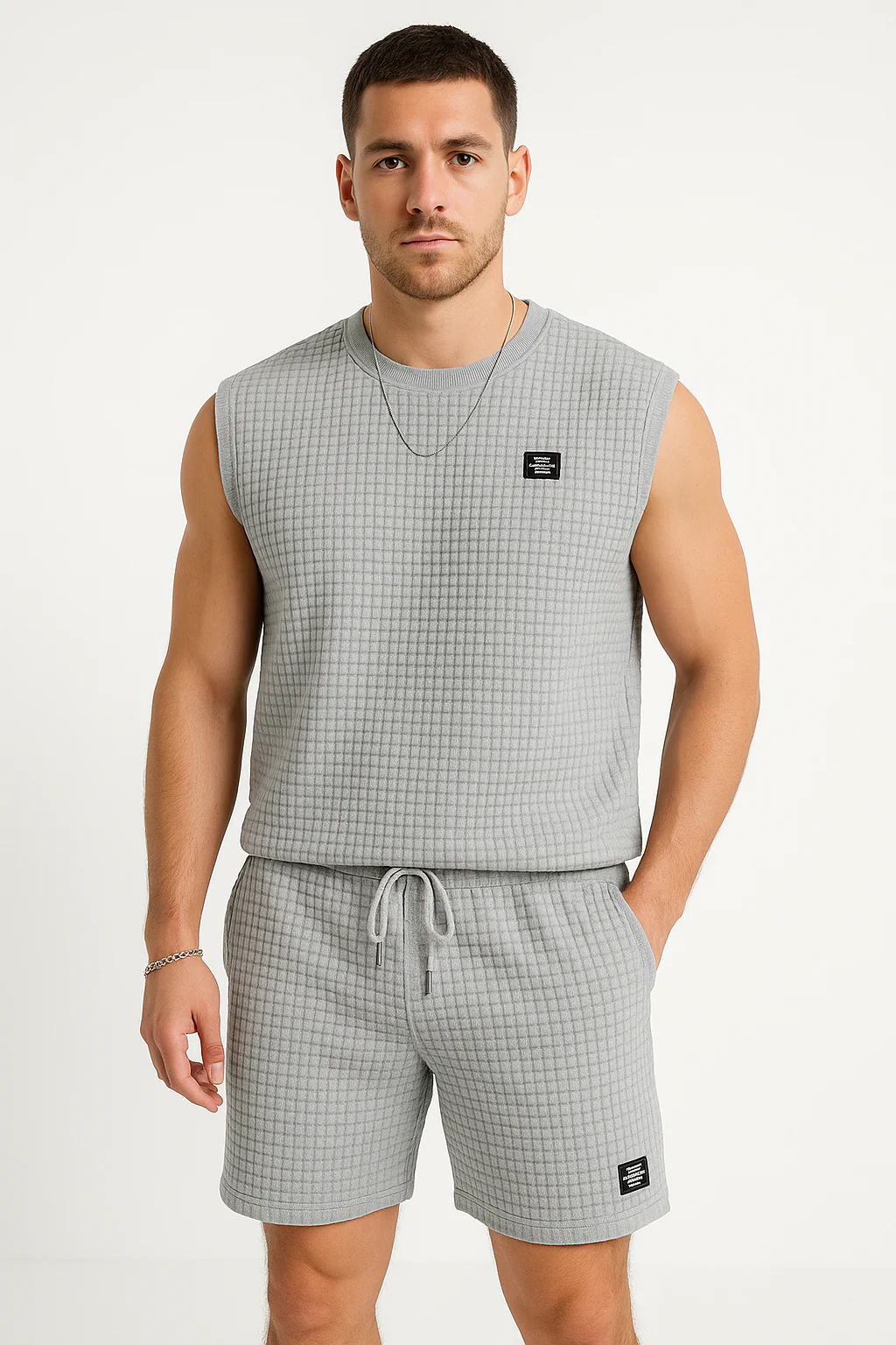 Men's Lounge Set – Sleeveless Top and Shorts – Waffle Texture – Relaxed Fit - Image 3