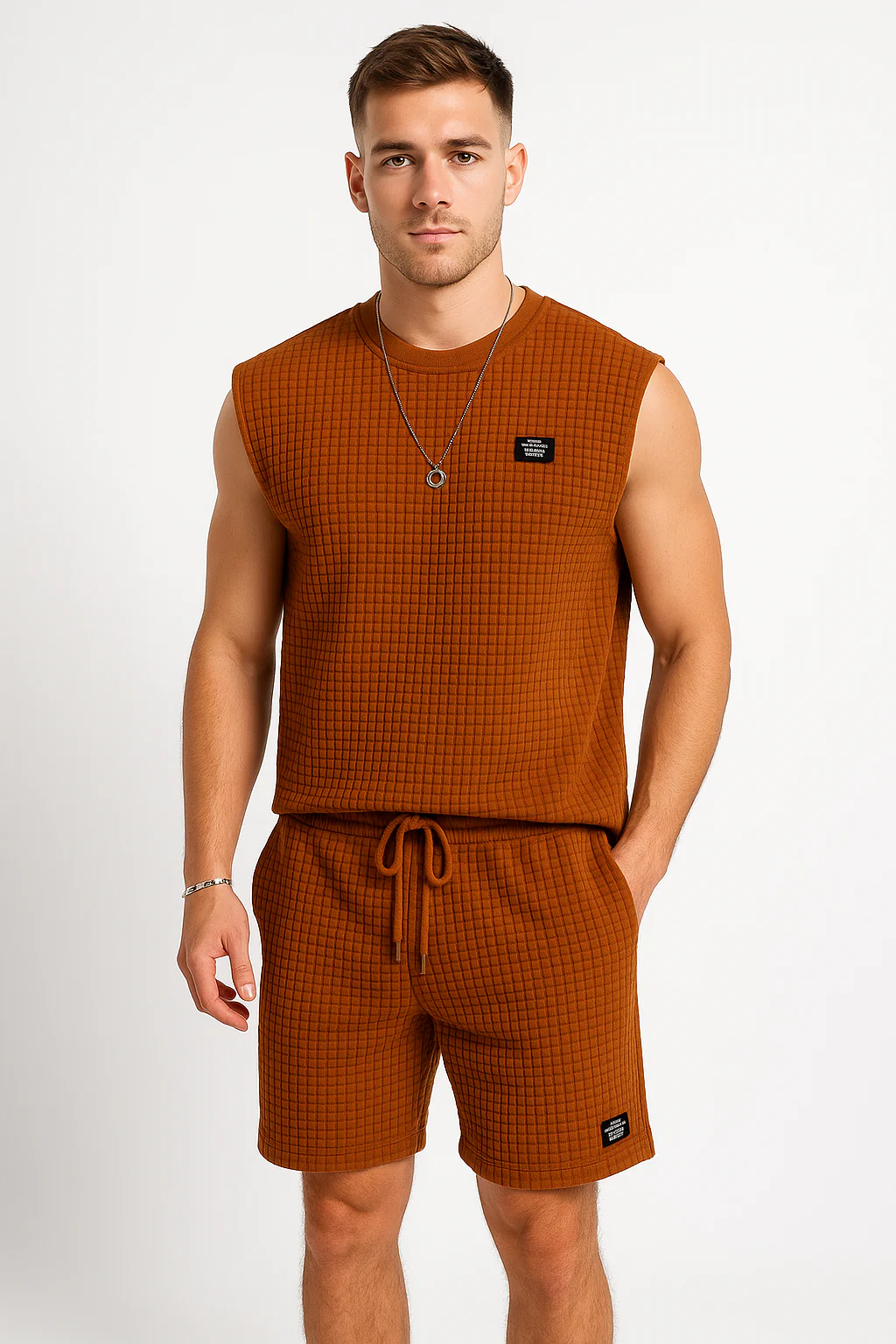 Men's Lounge Set – Sleeveless Top and Shorts – Waffle Texture – Relaxed Fit - Image 4