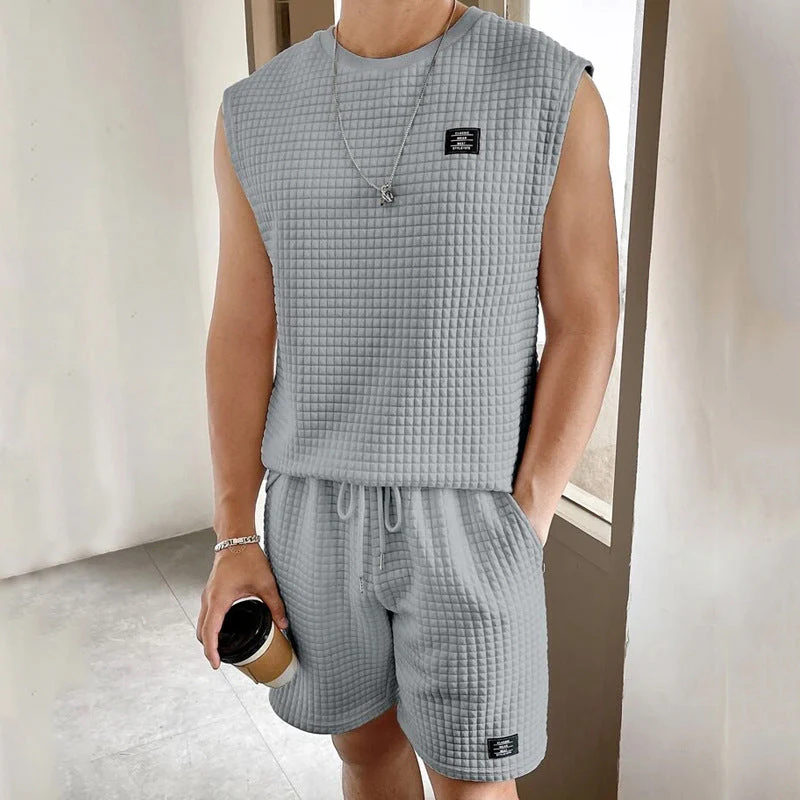Men's Lounge Set – Sleeveless Top and Shorts – Waffle Texture – Relaxed Fit - Image 5