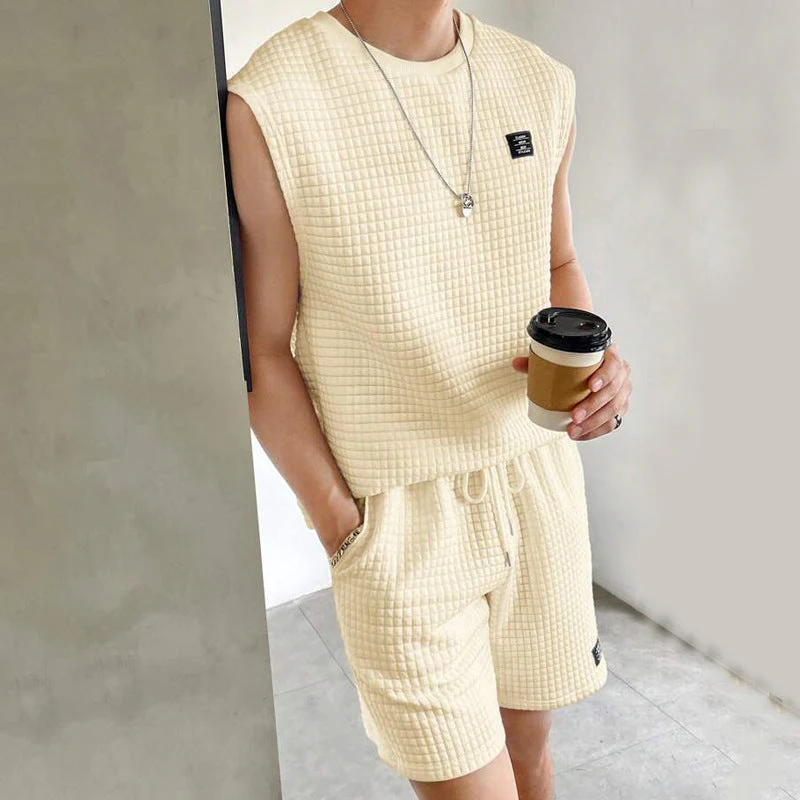 Men's Lounge Set – Sleeveless Top and Shorts – Waffle Texture – Relaxed Fit - Image 6