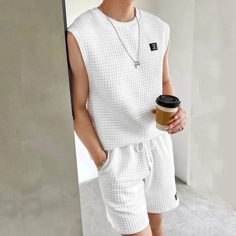 Men's Lounge Set – Sleeveless Top and Shorts – Waffle Texture – Relaxed Fit - Image 7