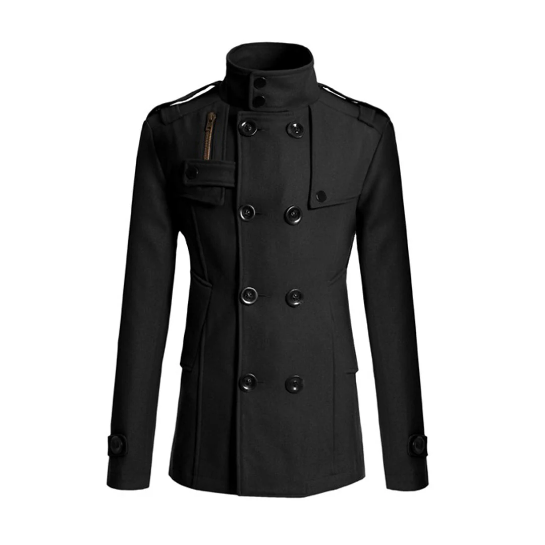 Men's Coat – Wool Mix – Double-Breasted – Tailored – High Collar – Epaulettes - Image 2