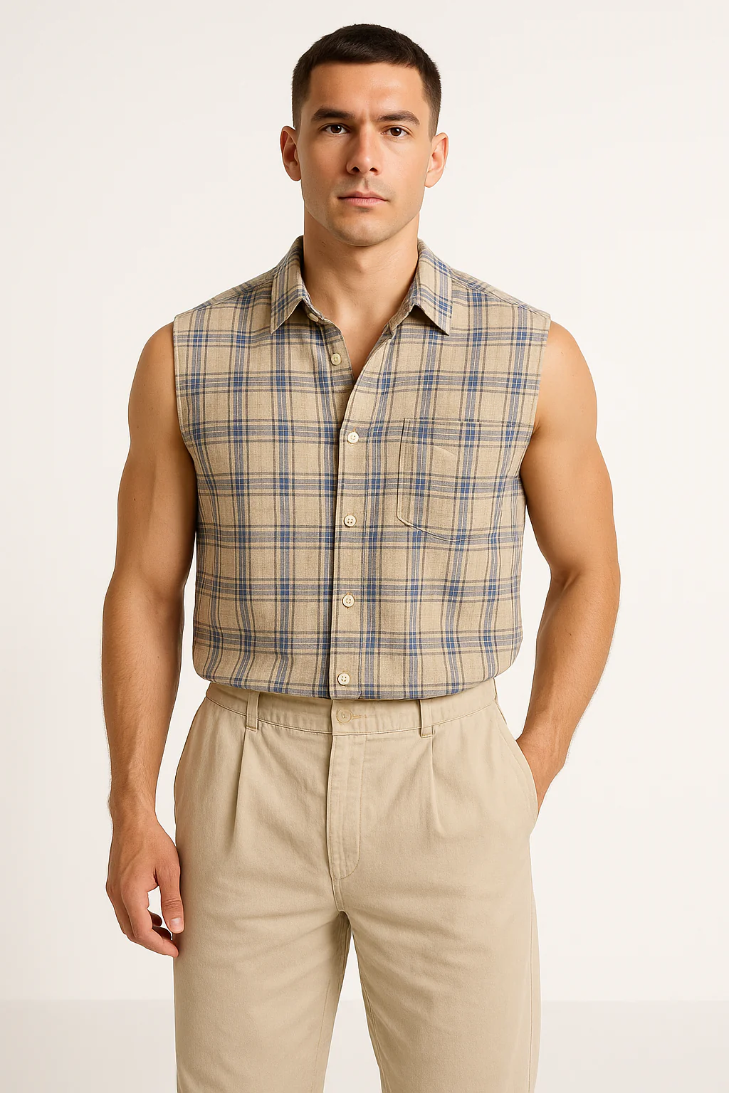 Men's Sleeveless Shirt – Loose Fit – Breathable – Checked – Button Closure - Image 3