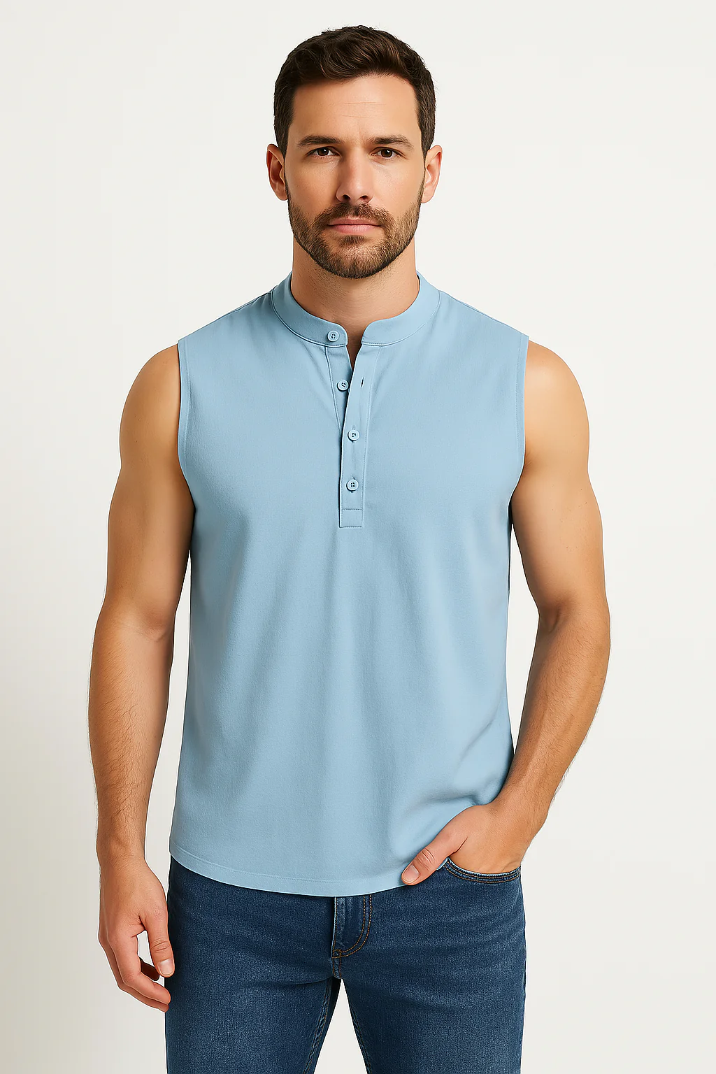 Men's sleeveless vest – Casual fit – Cotton blend – Mandarin collar – Half-button fastening - Image 2