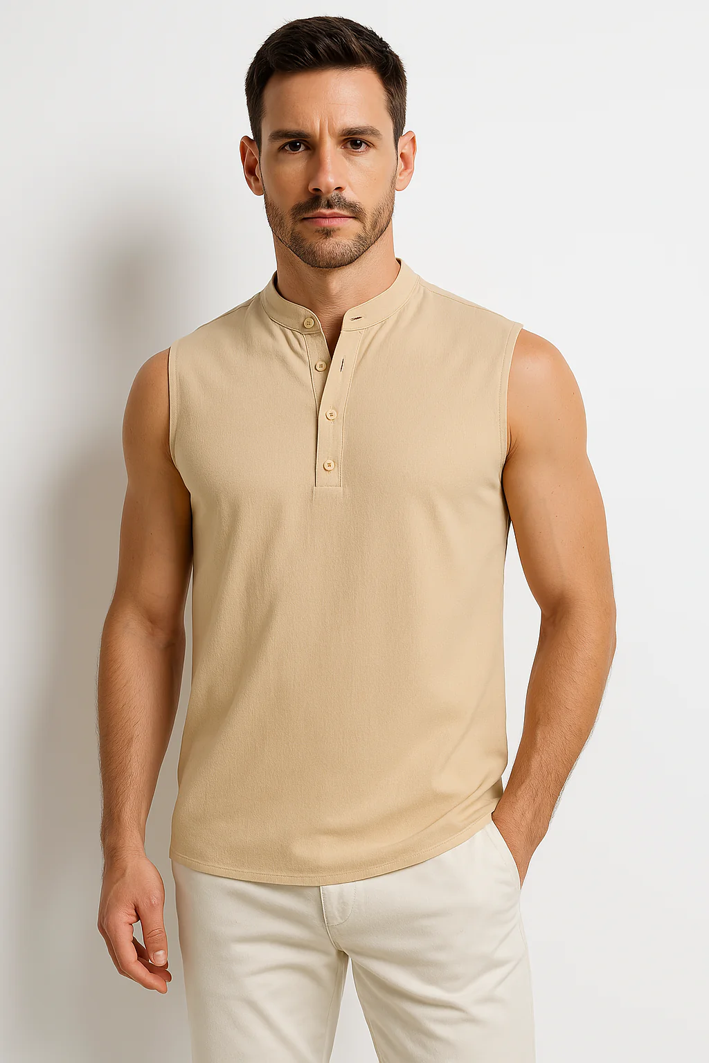 Men's sleeveless vest – Casual fit – Cotton blend – Mandarin collar – Half-button fastening - Image 3
