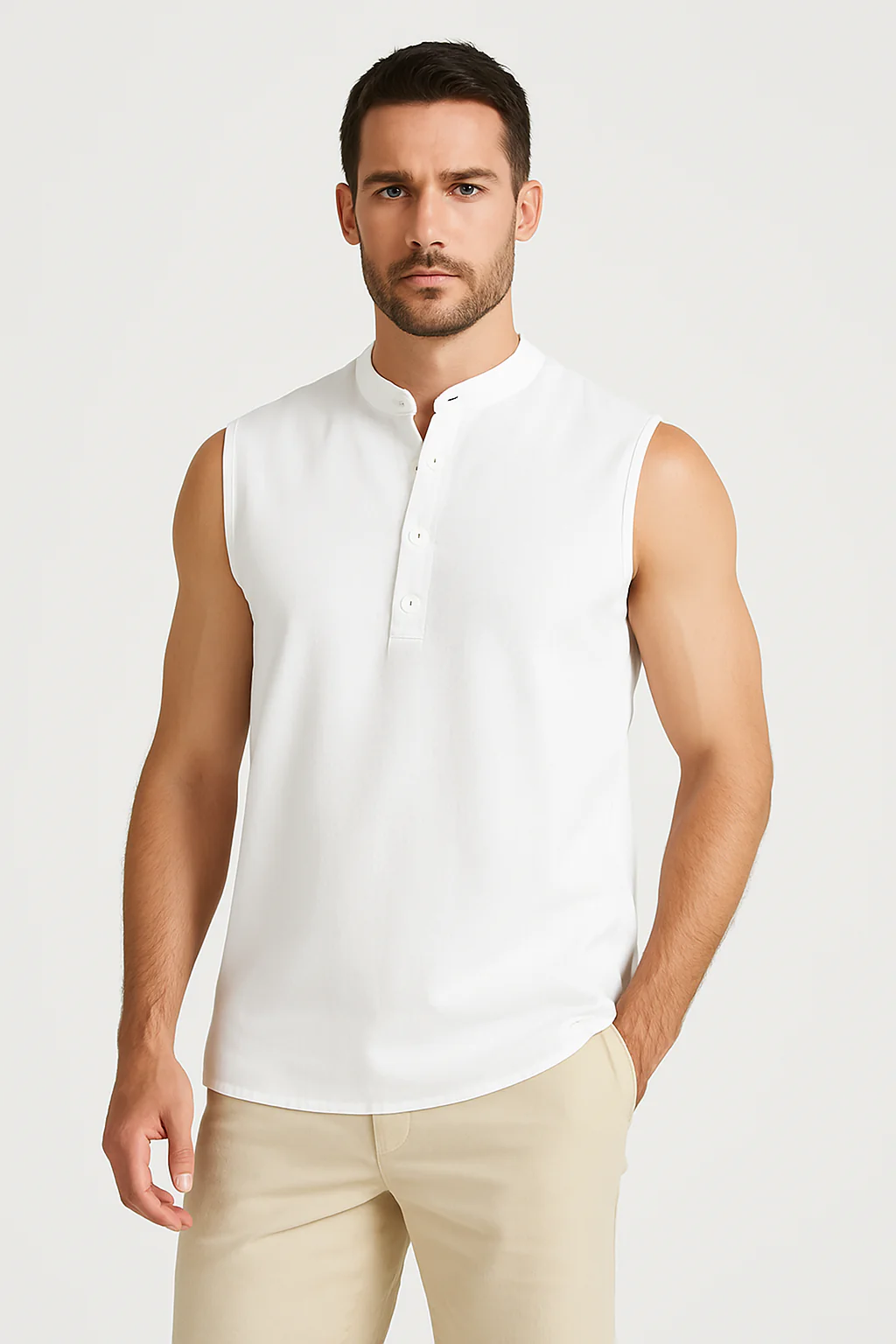Men's sleeveless vest – Casual fit – Cotton blend – Mandarin collar – Half-button fastening - Image 4
