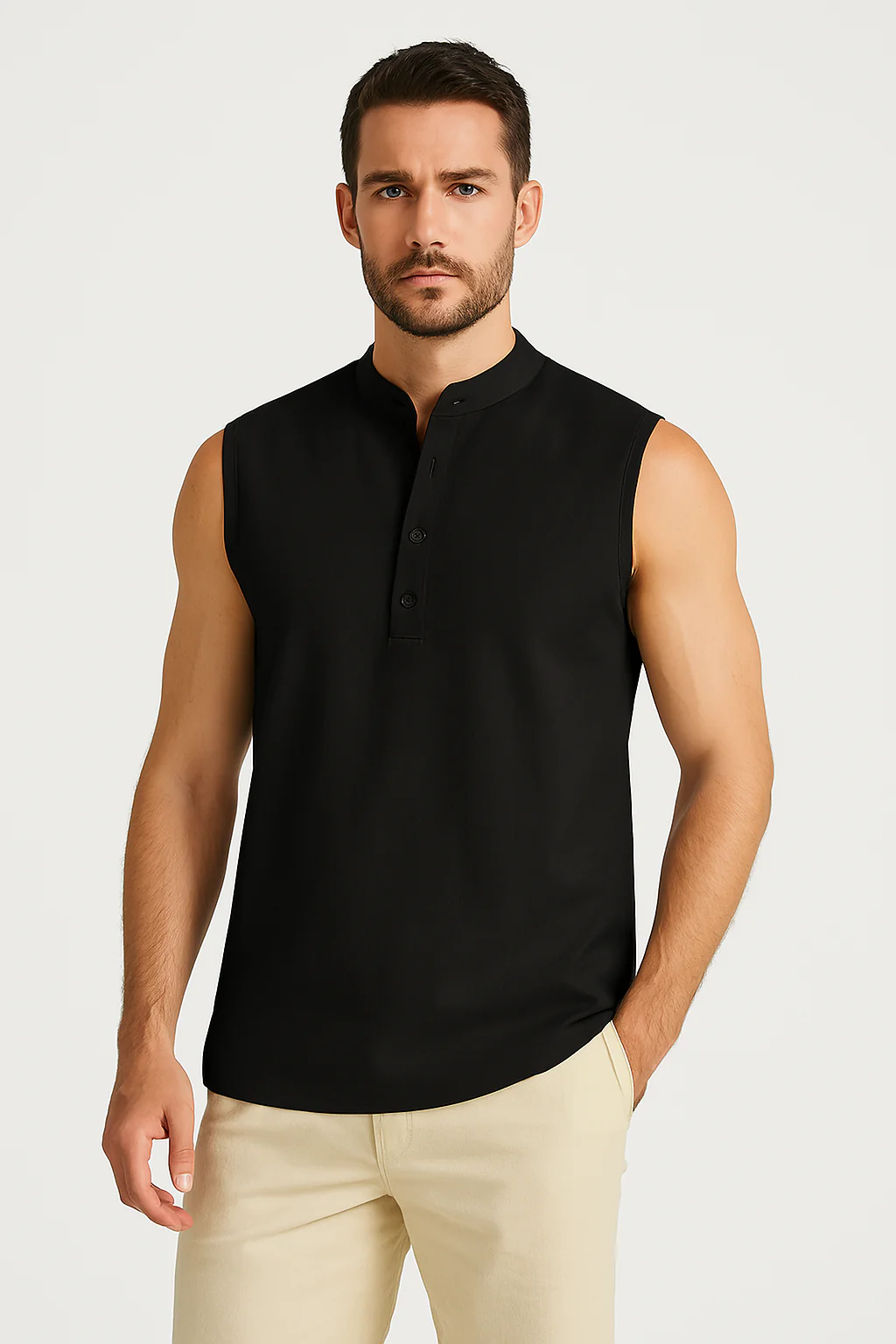 Men's sleeveless vest – Casual fit – Cotton blend – Mandarin collar – Half-button fastening - Image 5