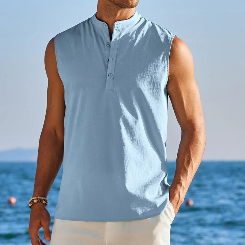 Men's sleeveless vest – Casual fit – Cotton blend – Mandarin collar – Half-button fastening - Image 6