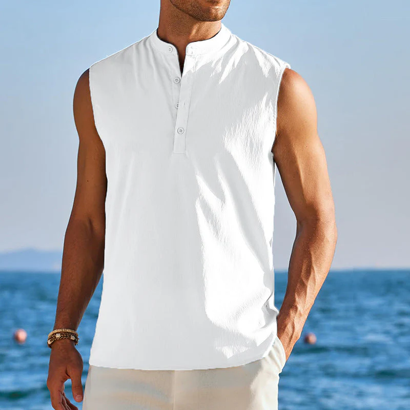 Men's sleeveless vest – Casual fit – Cotton blend – Mandarin collar – Half-button fastening - Image 7