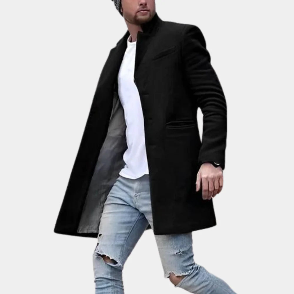 Men's Overcoat – Wool-mix – Tailored Fit – Button Closure – High Collar – Mid-length - Image 2