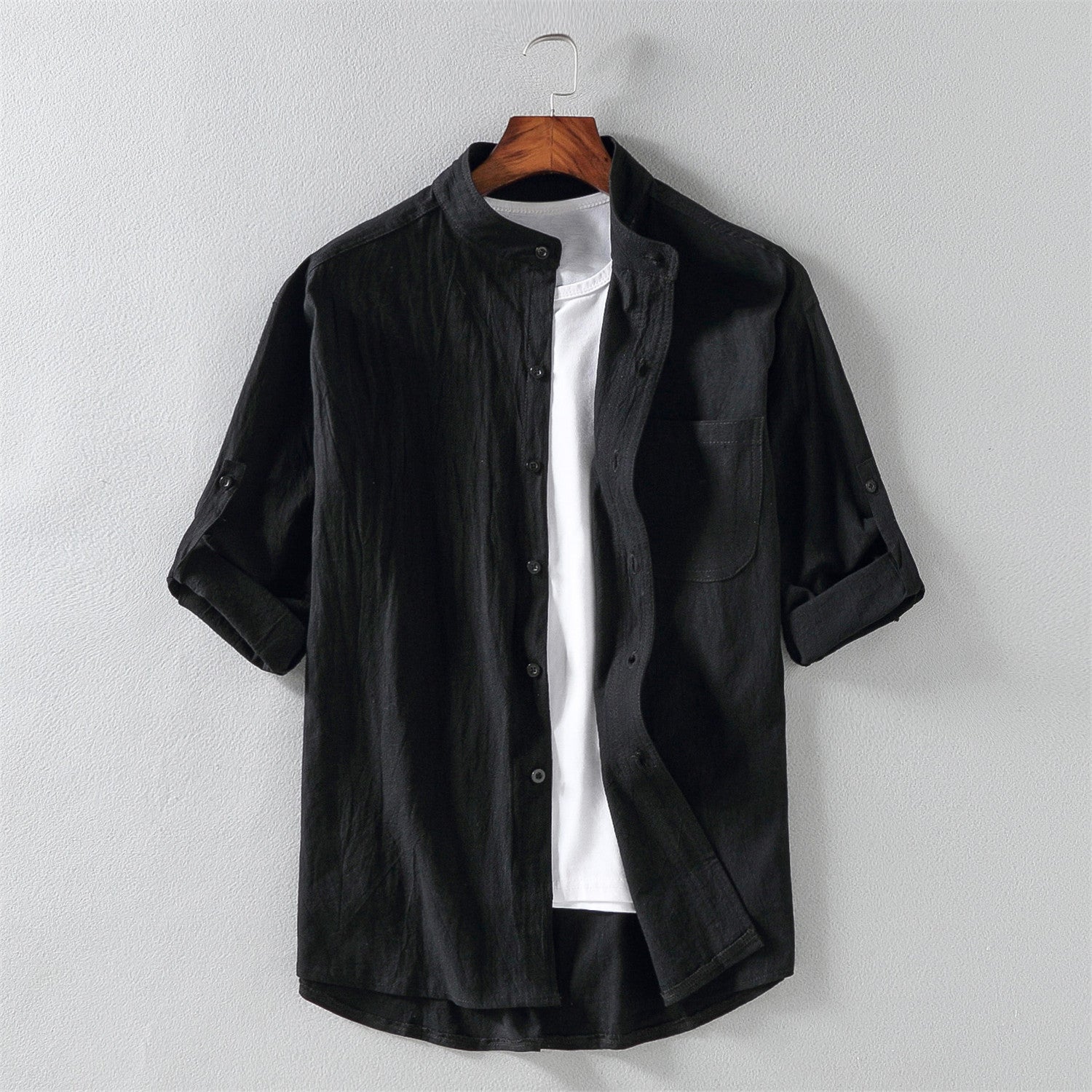 Men's Shirt Short Sleeve – Linen Blend – Relaxed Fit – Mao Collar – Casual Style - Image 2