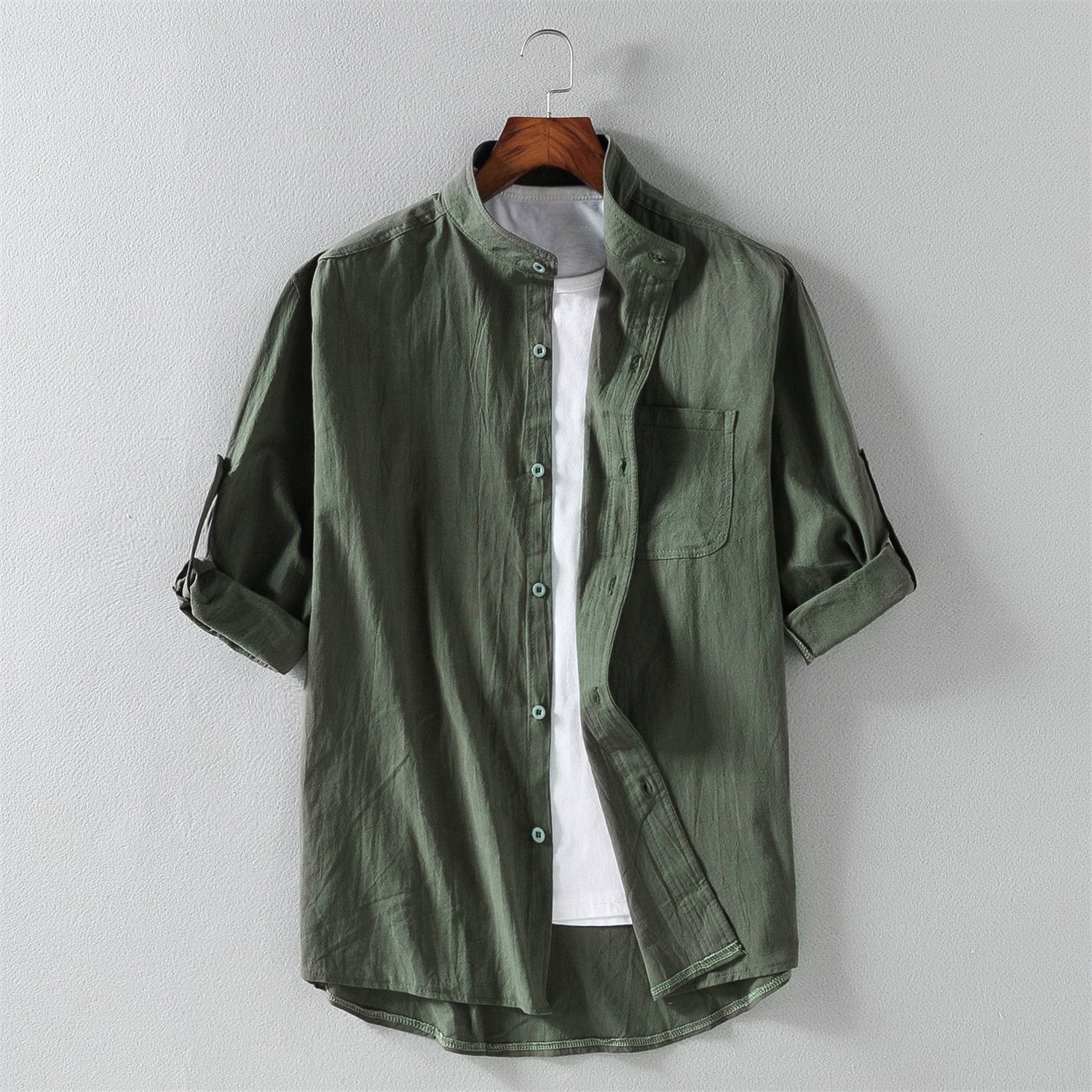 Men's Shirt Short Sleeve – Linen Blend – Relaxed Fit – Mao Collar – Casual Style - Image 3