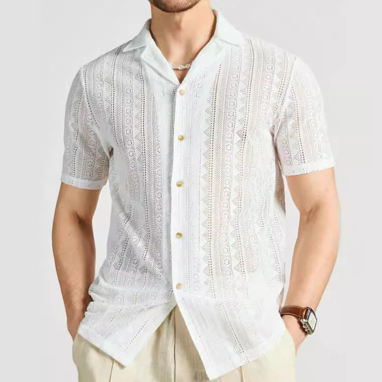 Men's Shirt Short Sleeve – Relaxed Fit – Breathable Soft Knit – Lace Texture - Image 2