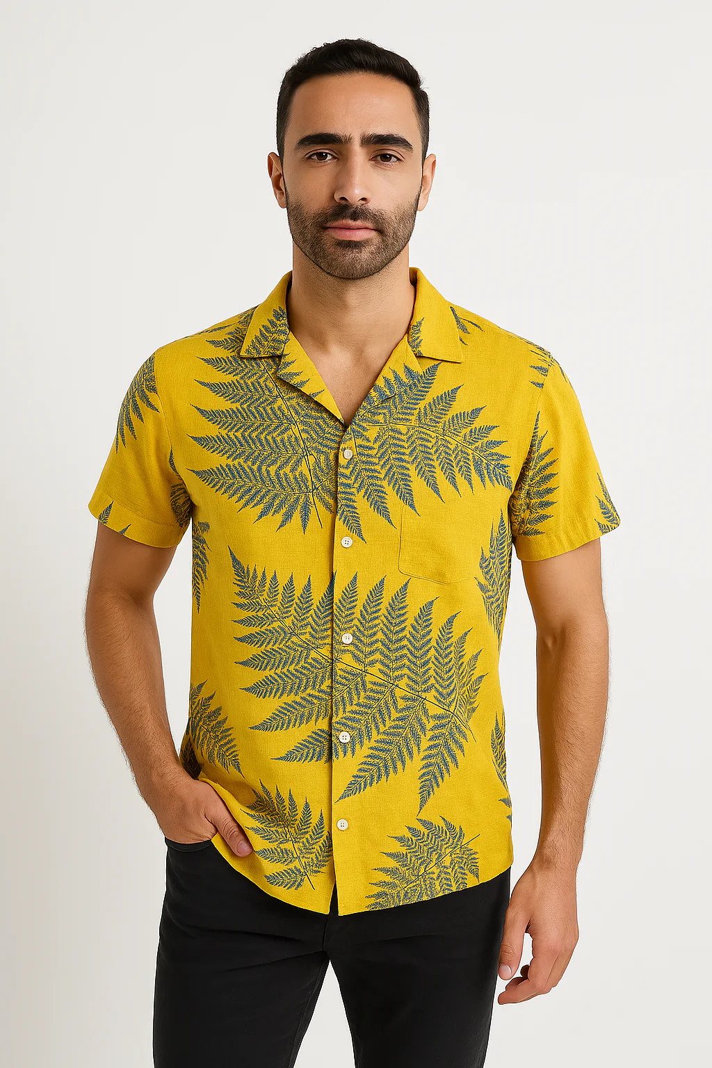 Men's Shirt Short Sleeve – Relaxed Fit – Linenlook – Leafprint – Breathable - Image 2