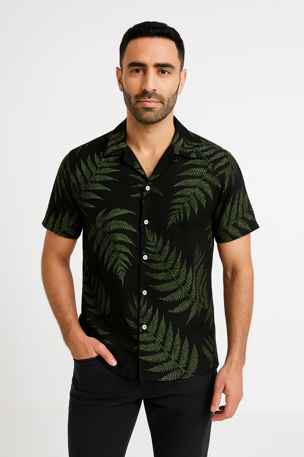 Men's Shirt Short Sleeve – Relaxed Fit – Linenlook – Leafprint – Breathable - Image 3