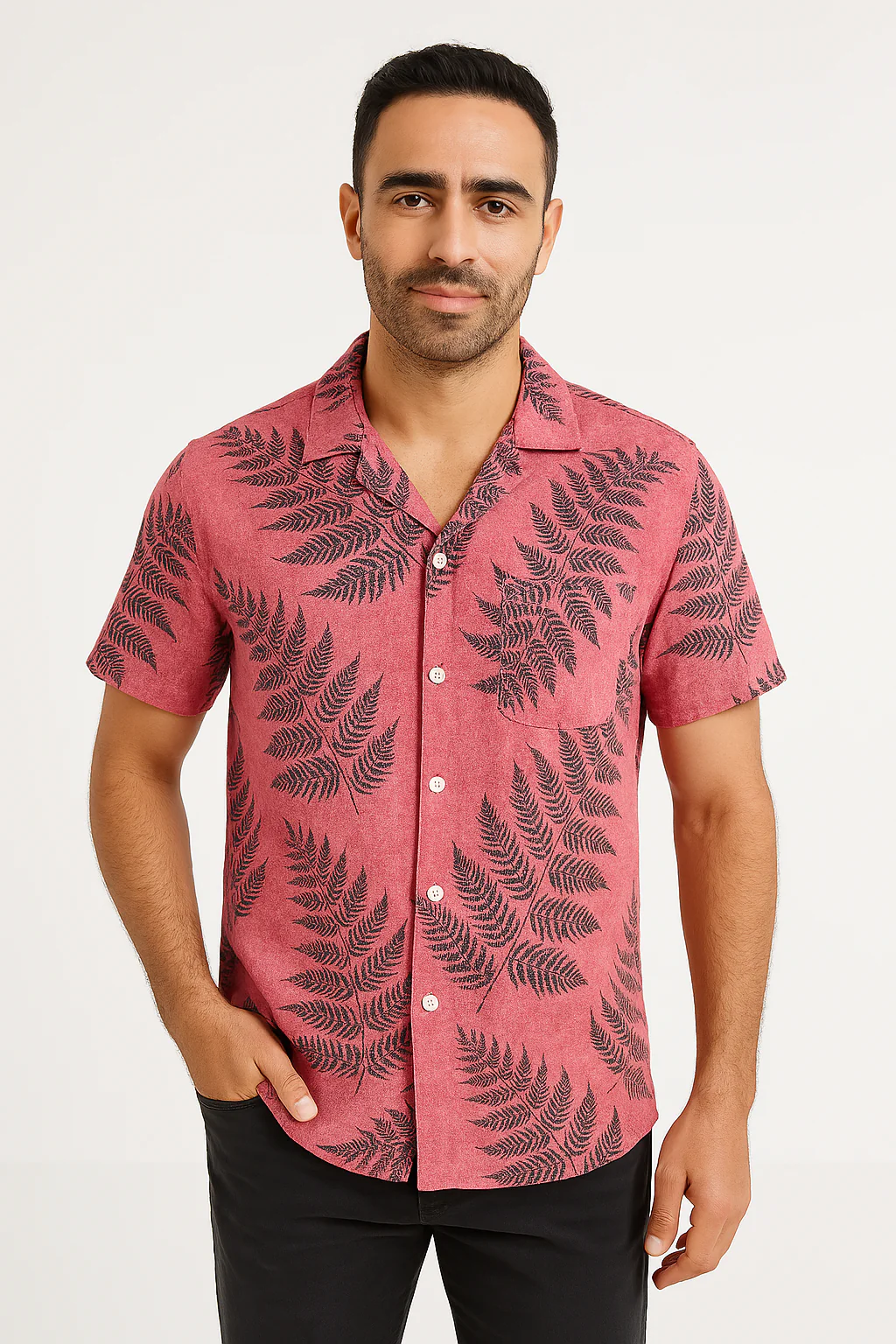Men's Shirt Short Sleeve – Relaxed Fit – Linenlook – Leafprint – Breathable - Image 4