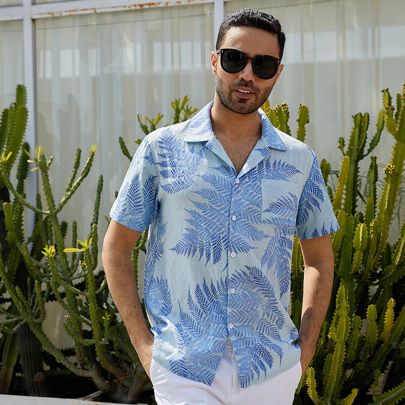 Men's Shirt Short Sleeve – Relaxed Fit – Linenlook – Leafprint – Breathable - Image 5