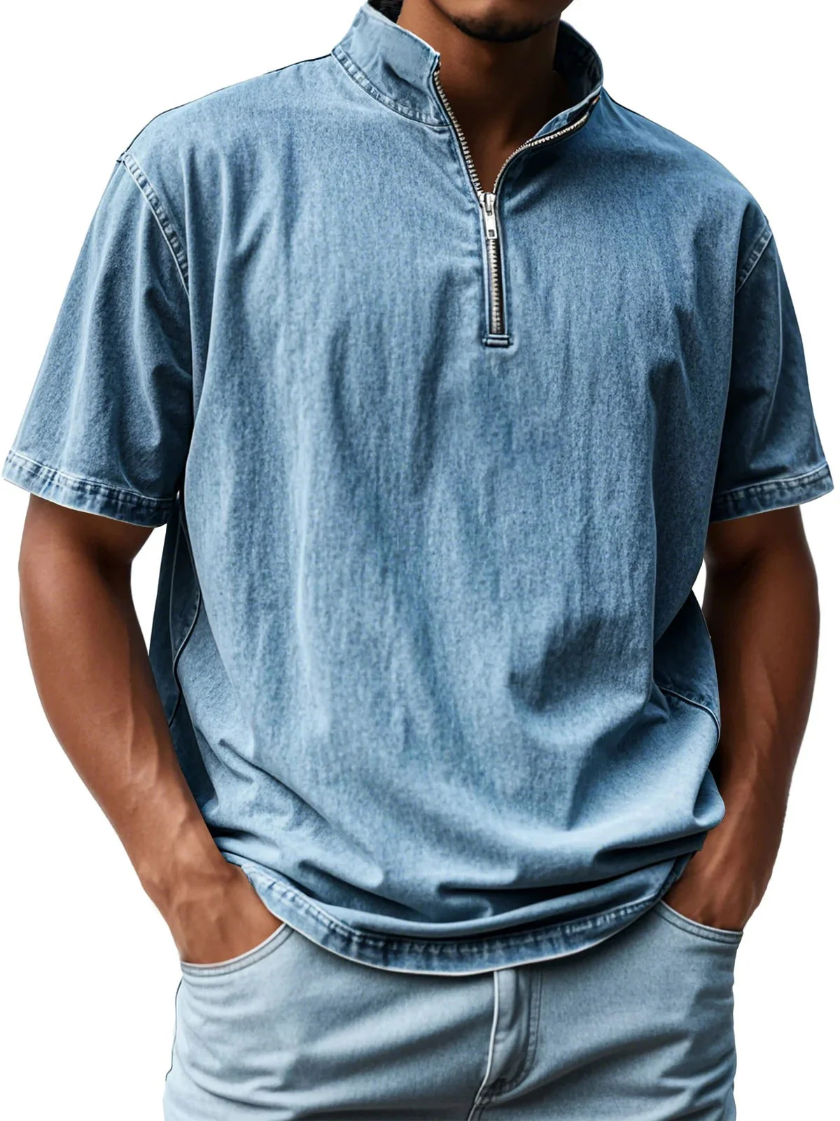Men's shirt – Short sleeve – Relaxed fit – Stand-up collar – Zip fastening – Breathable - Image 3