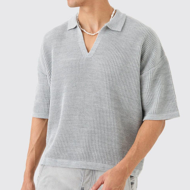 Men's Shirt Short Sleeve – Relaxed Fit – Soft Knit Fabric – V-Neck with Collar - Image 2