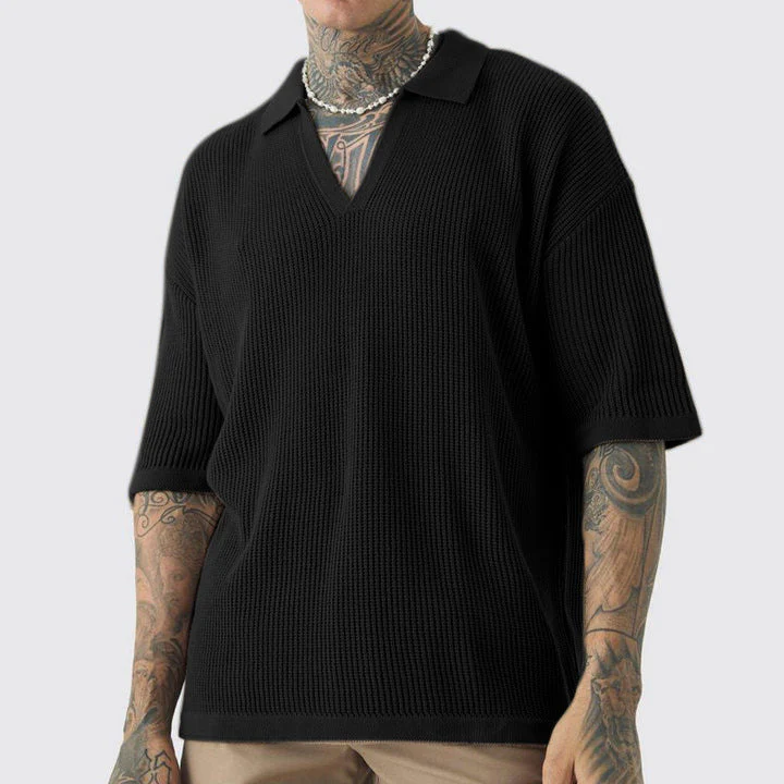 Men's Shirt Short Sleeve – Relaxed Fit – Soft Knit Fabric – V-Neck with Collar - Image 3