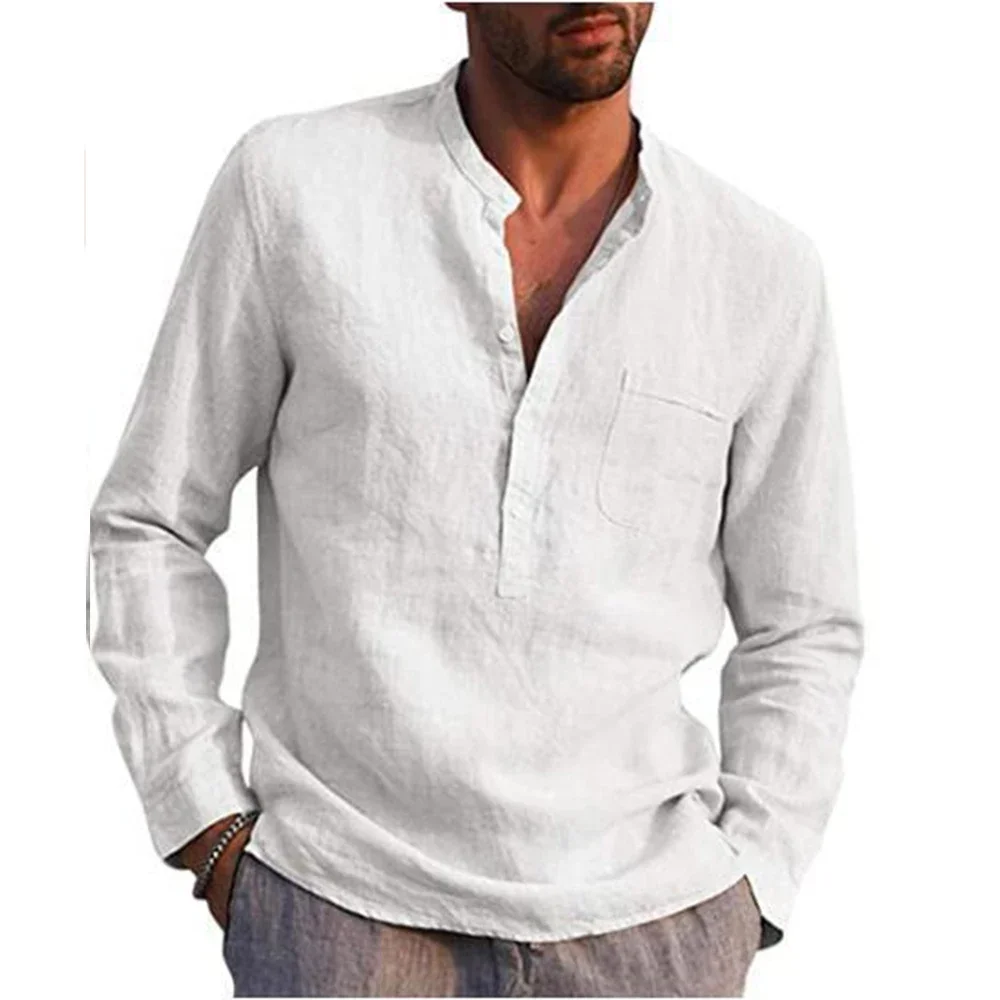 Men's Long Sleeve Shirt – Relaxed Fit – Natural Textile – Stand-Up Collar – Casual - Image 2