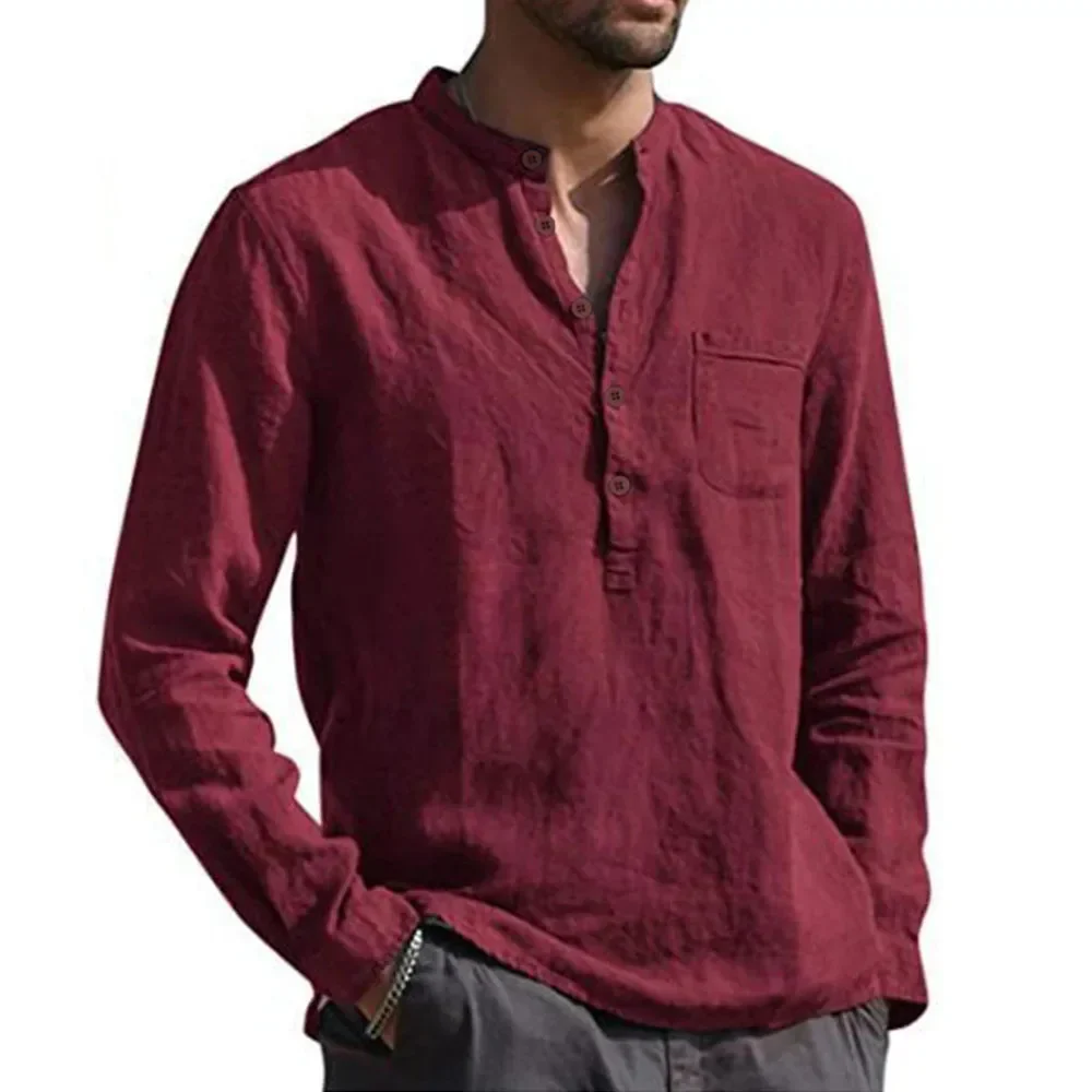Men's Long Sleeve Shirt – Relaxed Fit – Natural Textile – Stand-Up Collar – Casual - Image 3