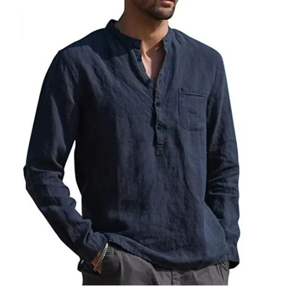 Men's Long Sleeve Shirt – Relaxed Fit – Natural Textile – Stand-Up Collar – Casual - Image 4