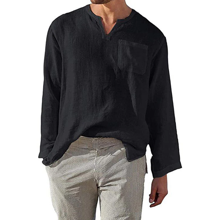 Men's Shirt – Linen Cotton – Relaxed Fit – Band Collar – Long Sleeve Casual - Image 2