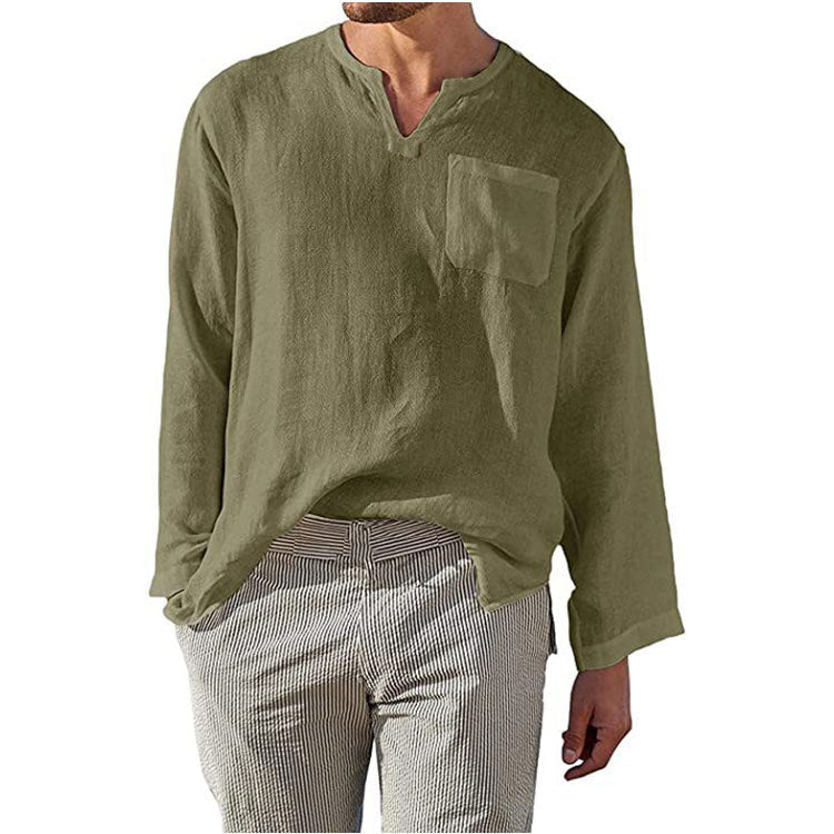 Men's Shirt – Linen Cotton – Relaxed Fit – Band Collar – Long Sleeve Casual - Image 3