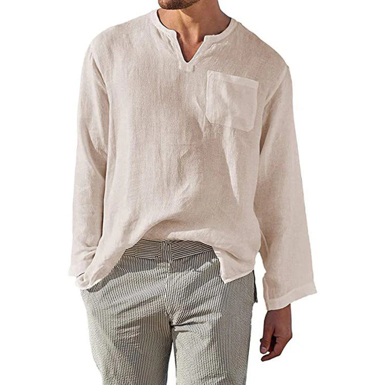 Men's Shirt – Linen Cotton – Relaxed Fit – Band Collar – Long Sleeve Casual - Image 4