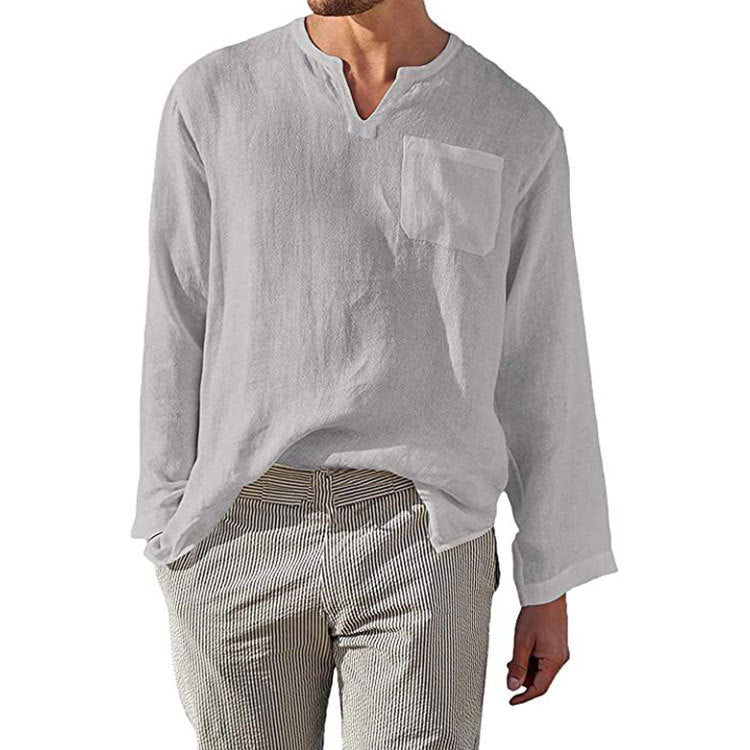Men's Shirt – Linen Cotton – Relaxed Fit – Band Collar – Long Sleeve Casual - Image 5