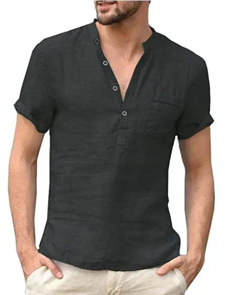 Men's shirt – Natural fibers – Regular fit – Band collar – Short sleeve – Chest pocket - Image 2