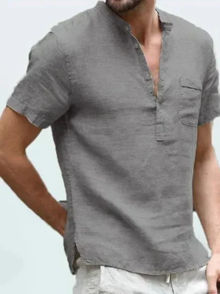Men's shirt – Natural fibers – Regular fit – Band collar – Short sleeve – Chest pocket - Image 3