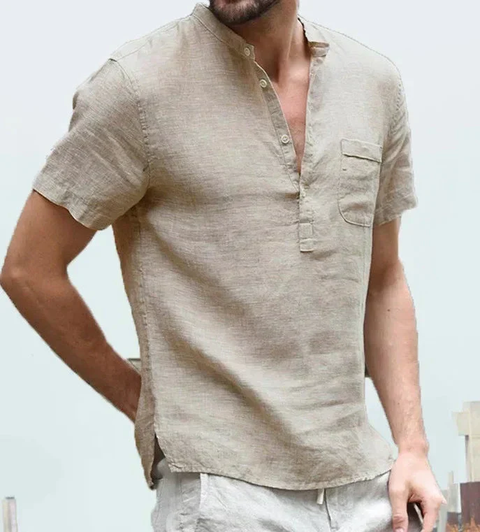 Men's shirt – Natural fibers – Regular fit – Band collar – Short sleeve – Chest pocket - Image 4
