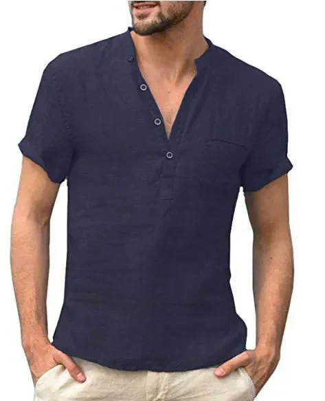 Men's shirt – Natural fibers – Regular fit – Band collar – Short sleeve – Chest pocket - Image 6
