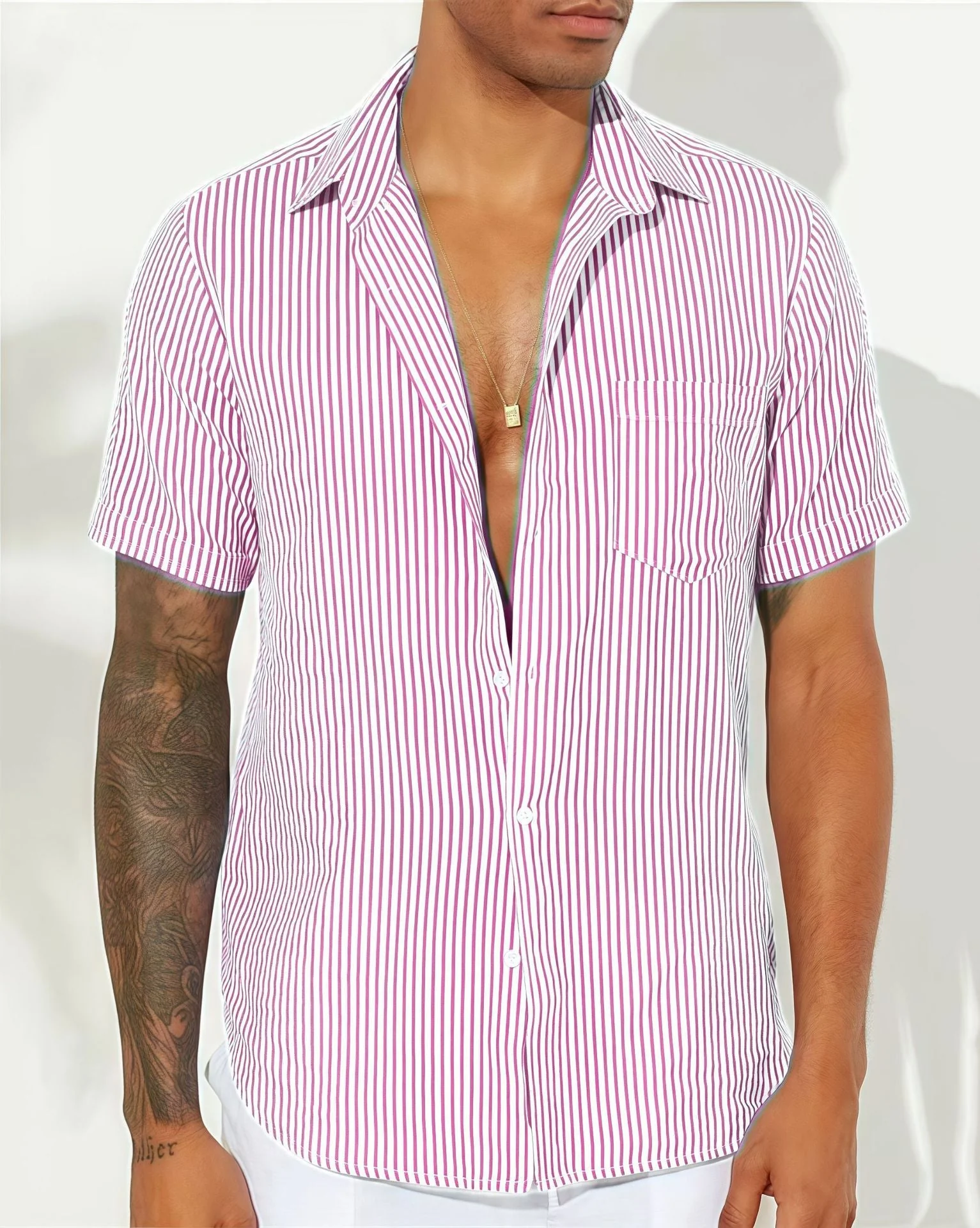 Men's Shirt – Relaxed Fit – Breathable Material – Short Sleeve – Vertical Stripes - Image 5