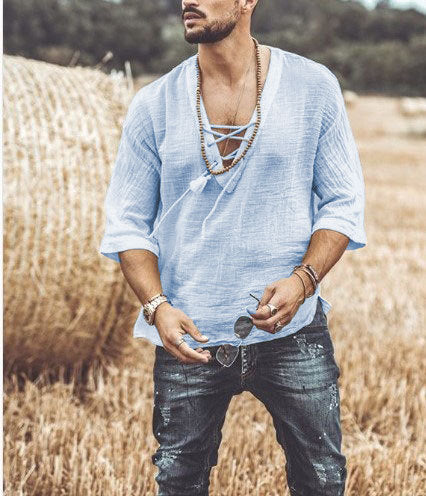 Men's Shirt – Relaxed Fit – Breathable Natural Textile – V-Neck with Lace-Up Closure – 3/4 Sleeve - Image 2