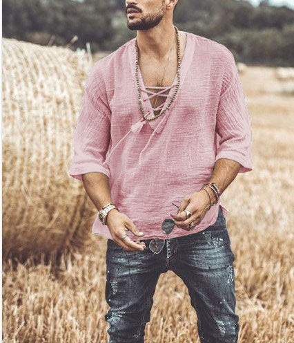 Men's Shirt – Relaxed Fit – Breathable Natural Textile – V-Neck with Lace-Up Closure – 3/4 Sleeve - Image 3